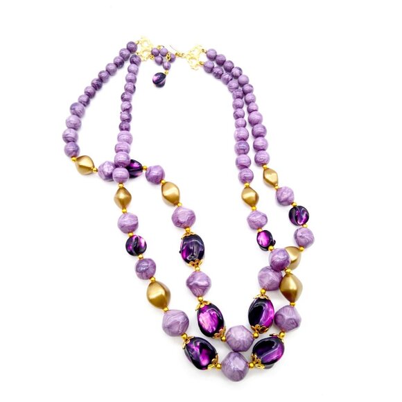 Shades of Purple Beaded Necklace, Retro Graduated Double Strand with Lucite Bead - Picture 2 of 3